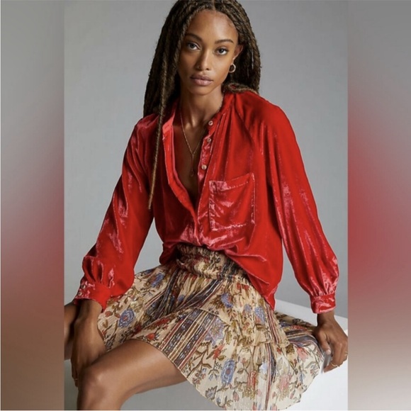 Anthropologie Pilcro Velvet Puff Sleeve Top Size Small - Picture 1 of 10